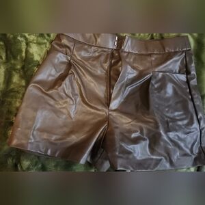 High waisted brown fake leather shorts